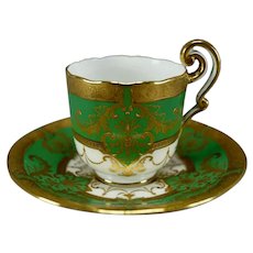 Brown Westhead Moore Cauldon Green & Raised Gold Scrollwork Demitasse Cup & Saucer Circa 1890-1904