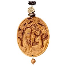 Carved Chinese Boxwood God of Longevity Pendant Necklace