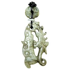 Carved Chinese Old Green Jade Dragon Pendant Necklace