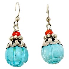 Carved Chinese Turquoise Melon Bead Drop Earrings
