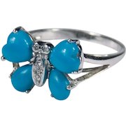 Carved Turquoise Heart Diamond Butterfly Ring 14k Gold Sleeping Beauty Stone