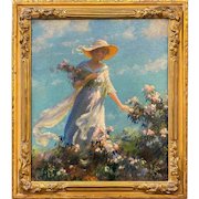 Charles Courtney Curran Oil Painting of a Young Lady with Flowers, Laurel Hill 1915