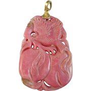 Chinese Carved Coral Jade 18K Gold Pendant Double Sided