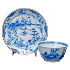 Chinese Kangxi Blue and White Teacup and Saucer Circa 1700