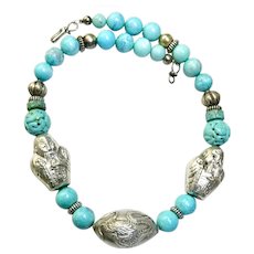 Old Chinese Silver Dragon and Longevity, Turquoise Necklace