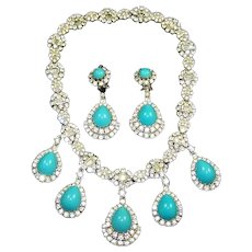 CINER Pave Diamante Teardrop Persian Turquoise Cabochons Pendants Necklace and Clip Earrings