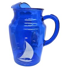 Cobalt Blue Ships, Sailboat, Depression Glass Pitcher with Ice Lip