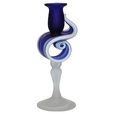 Cobalt Blue and White Ribbon Art Glass Candleholder