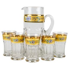 Colonial Panels with Raised Floral on Gold Band Iced Tea Set, Antique EAPG Tankard Pitcher and Tumblers