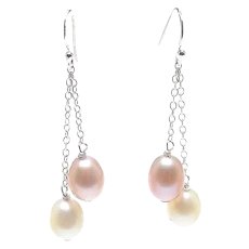 Cultured Pink and White Baroque Pearls Dangle Earrings