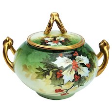 Delightful Vintage William Guerin Limoges France 1900 Hand Painted "Holly & Berry" Christmas Decor Sugar Bowl
