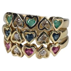 Diamond Ruby Sapphire Emerald Heart Stacking Rings 14k Gold 3 Ring Set Natural Multi Gemstone