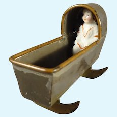 Rare Doll House  Cradle with Porcelain Doll