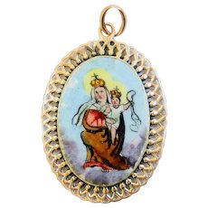 Early 20th Cent. Two sided Medal Lady of Mount Carmel Hand Painted Enameled in 18 K. Gold Frame