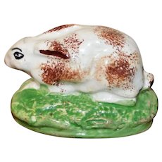 Rare Early Victorian 19th Century Staffordshire Crouching Rabbit with Sponged Decoration