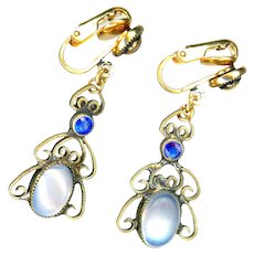 Earrings--Unmarked Hobe Real Moonstone & Glass Sapphire in Gold Filigree Dangles