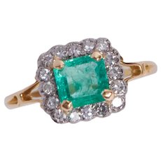 Edwardian 18KT and Platinum Carved Emerald and Diamond Halo Ring
