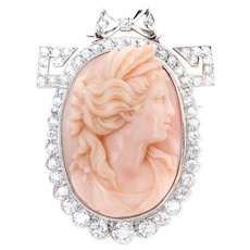 Edwardian Coral Cameo Brooch with Diamond Frame