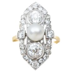 Edwardian Diamond & Pearl North-South Cocktail Ring