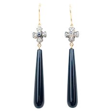 Edwardian Onyx, Sapphire, and Diamond Drop Earrings