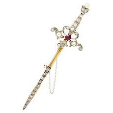 Edwardian Ruby Diamond Platinum-Topped 18 Karat Yellow Gold Sword Pendant Jabot Brooch
