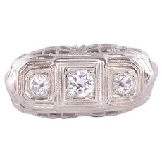 Edwardian Three Diamond Filigree Ring