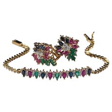 Emerald Sapphire Ruby Diamond Bracelet Earrings Set 4.75ctw 14k Gold Multi Gemstone