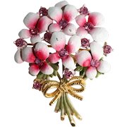 Enamel & pink rhinestone flower bouquet brooch