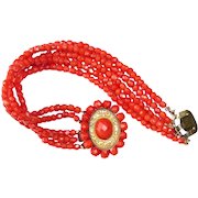 Faceted Coral Five Strand Beaded Bracelet w Ornate 10k Clasp