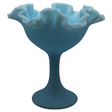 Fenton Blue Satin Glass Footed Compote, 7" Persian Medallion