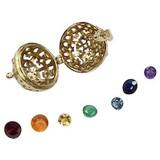 Filigree Orb Locket Charm Chakra Gemstones Enclosed 10K Gold