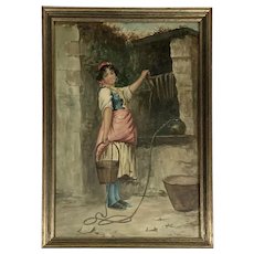 Francesco de Maria (1845 - 1908) Italian Girl At The Well Watercolor Painting