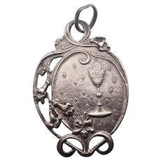 French Art Nouveau Silver Lilies Communion Medal/Pendant