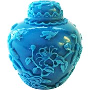 French Blue on Blue Carved Cameo Chinese Peking Glass Jar