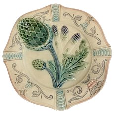 French Majolica Porcelain Asparagus, Artichoke Plate Fives Lille, c1890