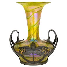 Fritz Heckert Jugendstil Changeant vase with a pewter Art Nouveau Van Hauten mount