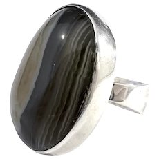 G Thyssel for Gussi Sweden 1973. Vintage Bold Sterling Silver Agate Ring. Signed