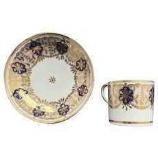 Georgian English Porcelain Coffee Can/Cup and Saucer, Early New Hall Pattern 214, Stunning GOLD Gilding, C 1805