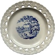 Georgian Pearlware Reticulated Plate, English Country House Scene Blue And White Transferware C 1830