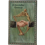 German St. Patrick's Day Embossed Postcard Handshake Harp Shamrock Border Gabriel Series 140 Unused Irish Shaking Hands