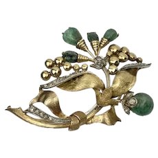Gorgeous Eighteen Karat Yellow Gold, Emerald and Diamond Set Brooch