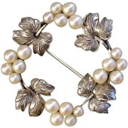 GORGEOUS, TIMELESS Rare Pre-WW2 Mikimoto Akoya Pearls "Grapes & Grape Leaves" Early Vintage Sterling Brooch, c. 1935 !