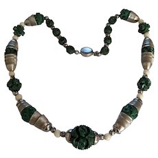 Green Carved Galalith Beads Necklace