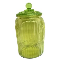 Green Depression Glass Ribbed Lidded Canister