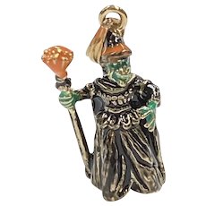 Halloween Theme Witch with Broom Estate Charm 14K Gold and Enamel
