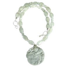 Hand Carved Green Jade Cat with Green Aquamarine Necklace