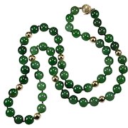 Hong Kong Jade Necklace 14k Gold 28" 10mm Jade Bead Strand