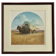 J. Hitch, Prairie Schooner Horse Drawn Wagon, Watercolor Airbrush Painting