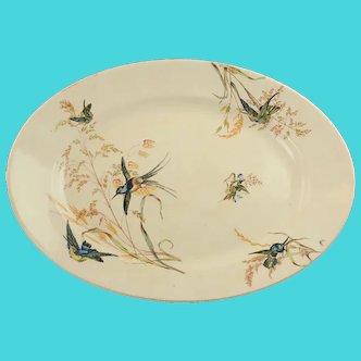 Large Antique 19th Century Exotic Bird and Grasses English Ironstone Oval Platter Aesthetic Movement