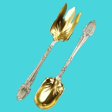 Large Antique Tiffany and Co Sterling Silver Vermeil 10.25" Serving Fork and Spoon with Broom Corn Pattern